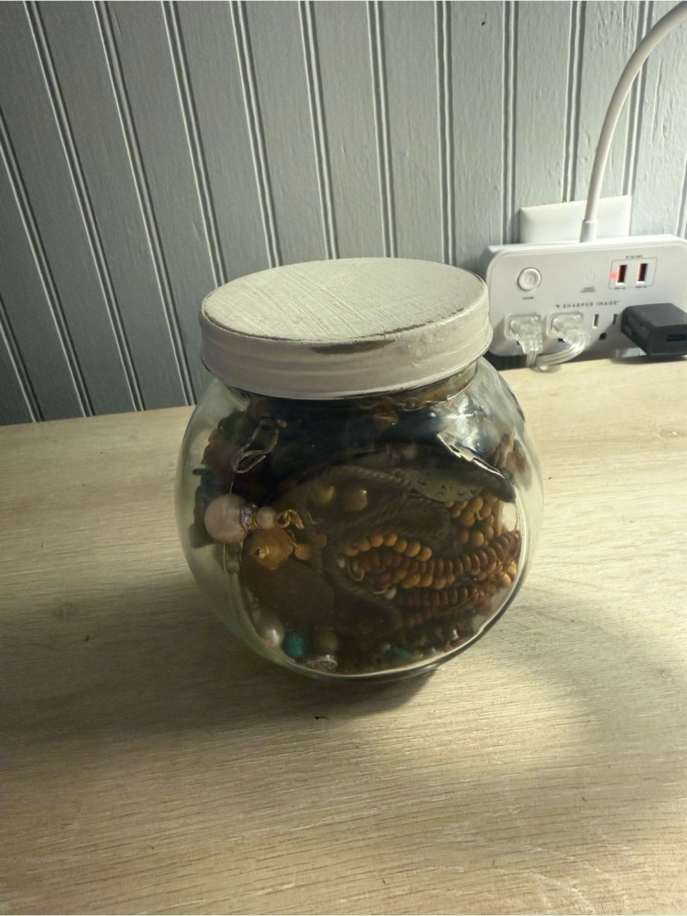 Glass Jar Filled with Assorted Wooden Beads and Charms - Natural Brown